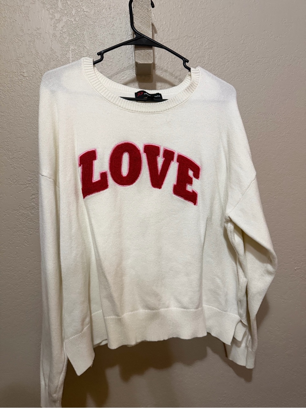 32 Degrees Cream Sweater with Red "LOVE" Applique